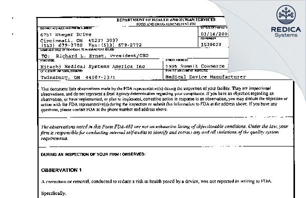 FDA 483 - Hitachi Medical Systems America Inc [Twinsburg / United States of America] - Download PDF - Redica Systems