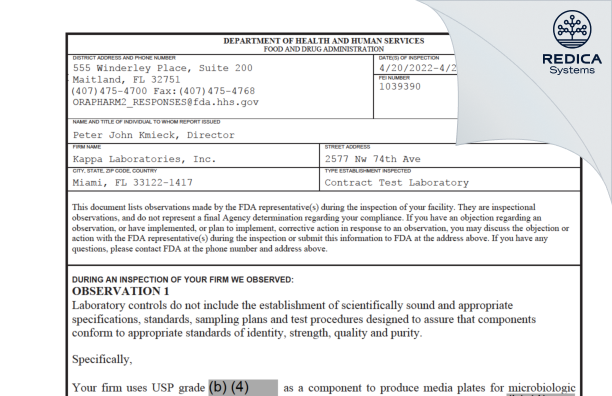 FDA 483 - Kappa Laboratories, Inc. [Florida / United States of America] - Download PDF - Redica Systems