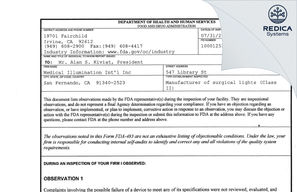 FDA 483 - Medical Illumination Int'l Inc [San Fernando / United States of America] - Download PDF - Redica Systems
