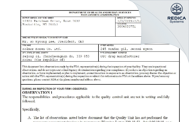 FDA 483 - Kolmar Korea Co. Ltd. [- / -] - Download PDF - Redica Systems