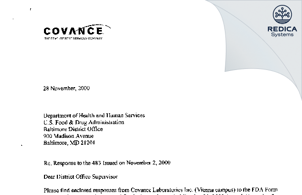 FDA 483 Response - Covance Laboratories, Inc. [Vienna / United States of America] - Download PDF - Redica Systems