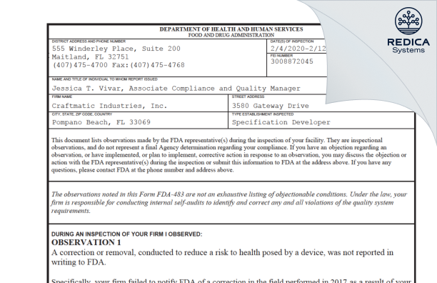 FDA 483 - Craftmatic Industries, Inc. [Pompano Beach / United States of America] - Download PDF - Redica Systems