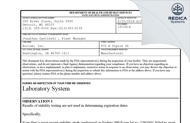 FDA 483 - Ecolab Inc. [Huntington / United States of America] - Download PDF - Redica Systems