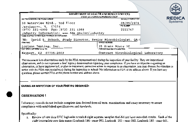 FDA 483 - Loricon Testing Service, Inc. [Keyport / United States of America] - Download PDF - Redica Systems