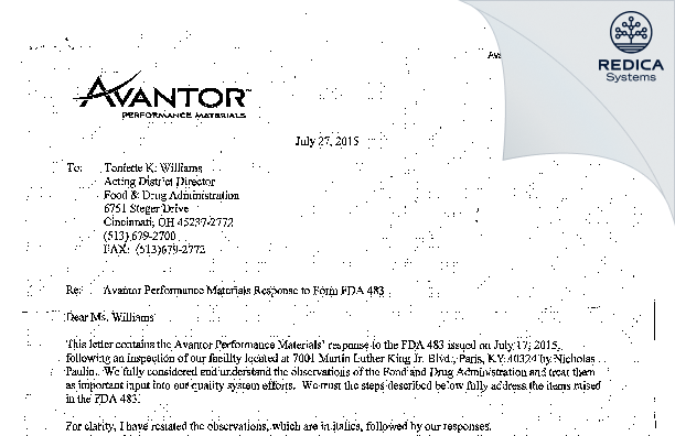 FDA 483 Response - Avantor Performance Materials, LLC [Paris / United States of America] - Download PDF - Redica Systems
