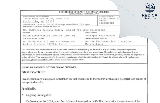 FDA 483 - MYLAN LABORATORIES LIMITED [India / India] - Download PDF - Redica Systems