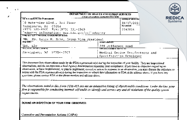 FDA 483 - EBI, LLC [Parsippany / United States of America] - Download PDF - Redica Systems