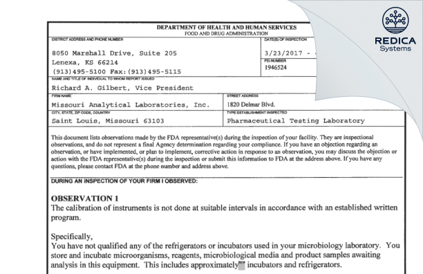 FDA 483 - Missouri Analytical Laboratories, Inc. [St. Louis / United States of America] - Download PDF - Redica Systems