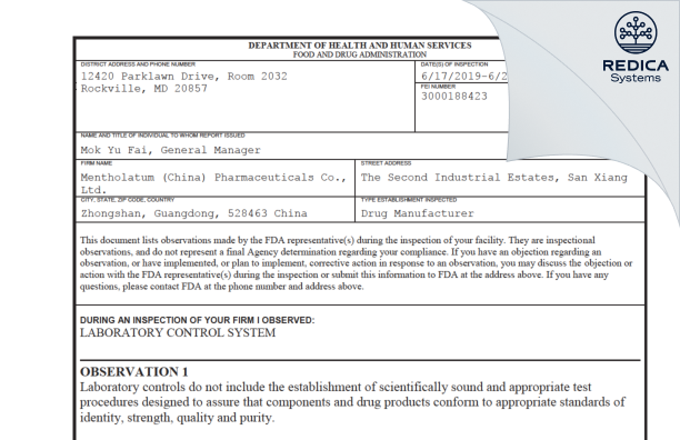 FDA 483 - Mentholatum (China) Pharmaceuticals Co., Ltd. [China / China] - Download PDF - Redica Systems