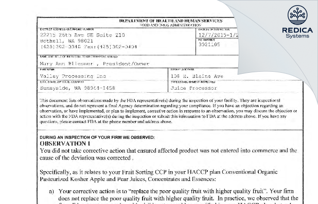 FDA 483 - Valley Processing, Inc. [Sunnyside / United States of America] - Download PDF - Redica Systems