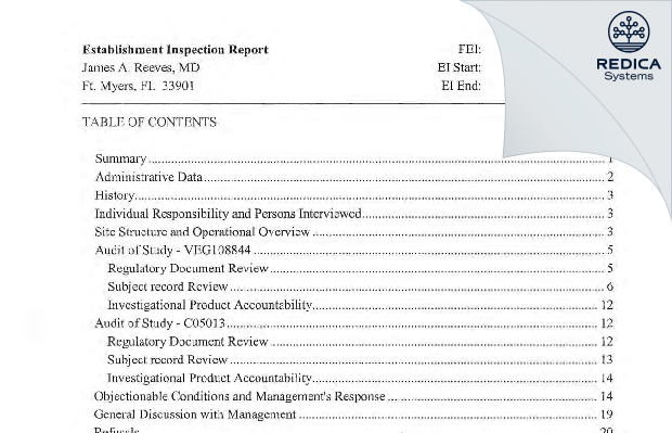 EIR - James A. Reeves, MD [Fort Myers / United States of America] - Download PDF - Redica Systems
