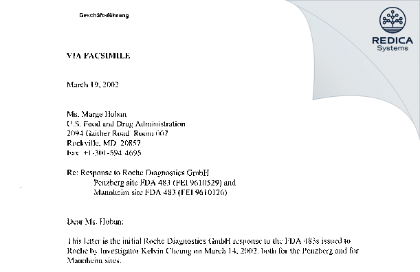 FDA 483 Response - Roche Diagnostics GmbH [Mannheim / Germany] - Download PDF - Redica Systems