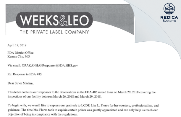 FDA 483 Response - Weeks & Leo Co., Inc. [Clive / United States of America] - Download PDF - Redica Systems