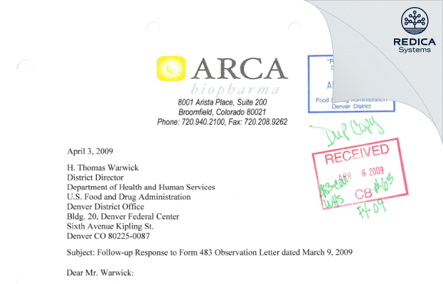 FDA 483 Response - ARCA biopharma, Inc. [Broomfield / United States of America] - Download PDF - Redica Systems