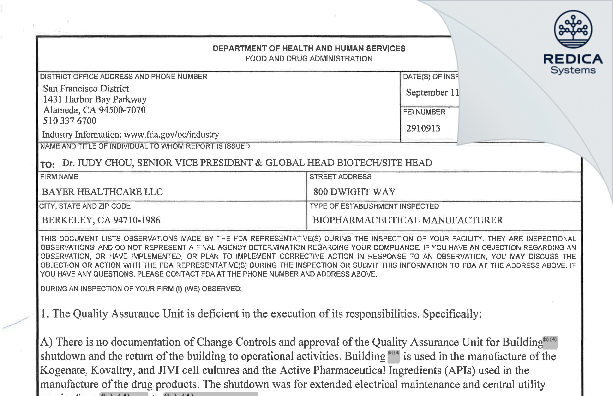 FDA 483 - Bayer HealthCare LLC [Berkeley California / United States of America] - Download PDF - Redica Systems