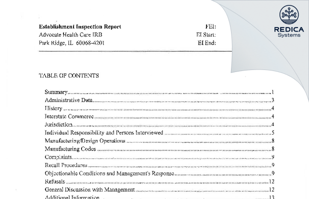 EIR - Advocate Health Care IRB [Downers Grove / United States of America] - Download PDF - Redica Systems