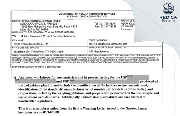 FDA 483 - Tomita Pharmaceutical Co., Ltd. [Kawauchicho / Japan] - Download PDF - Redica Systems