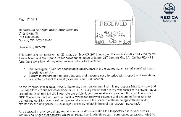 FDA 483 Response - Michael W. Harris, D.O. [Orem / United States of America] - Download PDF - Redica Systems