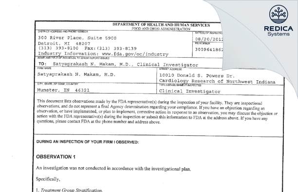 FDA 483 - Satyaprakash N. Makam, MD [Munster / United States of America] - Download PDF - Redica Systems