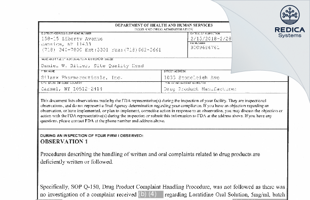 FDA 483 - Chartwell Pharmaceuticals Carmel, LLC [New York / United States of America] - Download PDF - Redica Systems