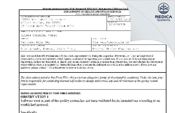 FDA 483 - Vacutest Kima SRL [Arzergrande / Italy] - Download PDF - Redica Systems