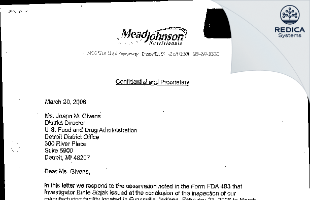 FDA 483 Response - Mead Johnson & Company, LLC [Evansville / United States of America] - Download PDF - Redica Systems