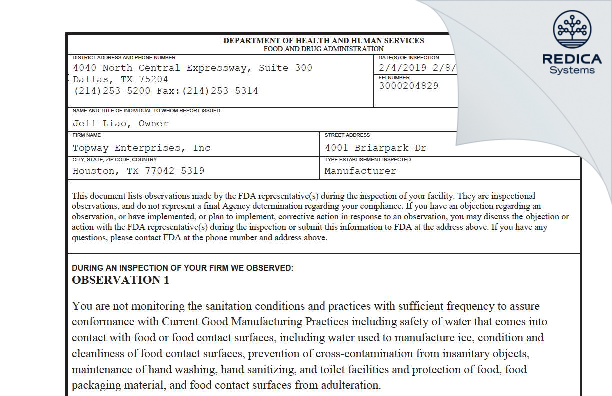 FDA 483 - Topway Enterprises, Inc [Houston / United States of America] - Download PDF - Redica Systems