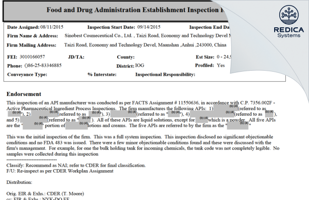 EIR - Sinobest Cosmeceutical Co., Ltd. [China / China] - Download PDF - Redica Systems