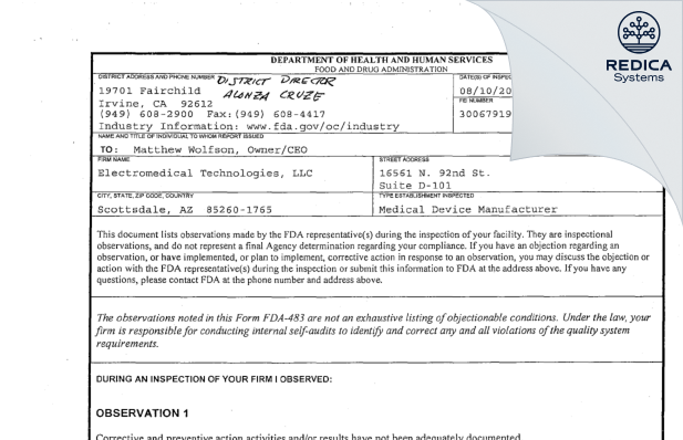 FDA 483 - Electromedical Technologies, LLC [Scottsdale / United States of America] - Download PDF - Redica Systems
