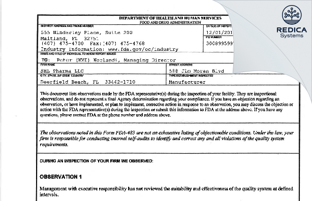 FDA 483 - SHL Pharma LLC [Deerfield Beach / United States of America] - Download PDF - Redica Systems