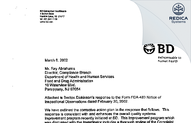 FDA 483 Response - Becton Dickinson & Company [Franklin Lakes / United States of America] - Download PDF - Redica Systems