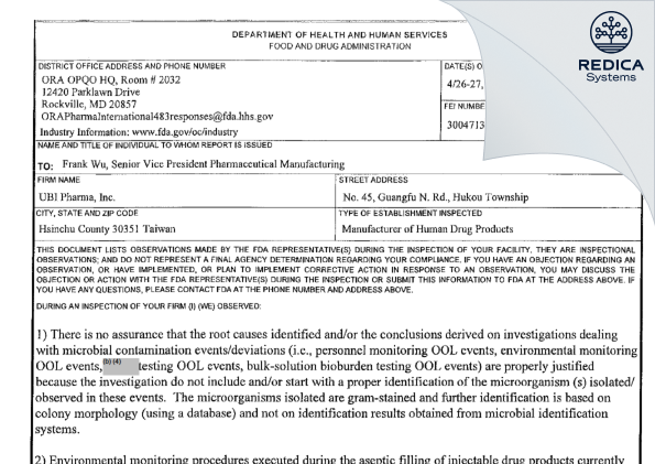 FDA 483 - UBI Pharma Inc. [Hukou Hsinchu / Taiwan] - Download PDF - Redica Systems