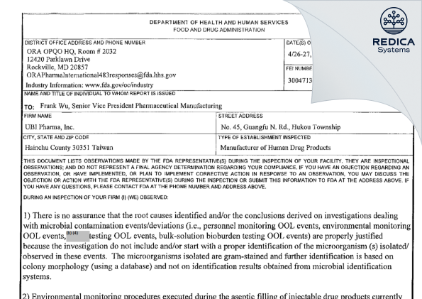 FDA 483 - UBI Pharma Inc. [Hukou Township / Taiwan] - Download PDF - Redica Systems