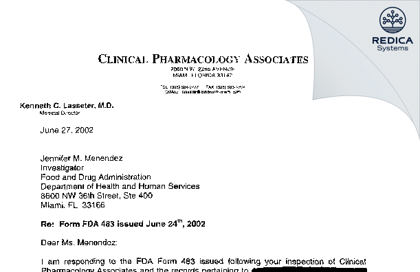 FDA 483 Response - SFBC International Inc. [Miami / United States of America] - Download PDF - Redica Systems