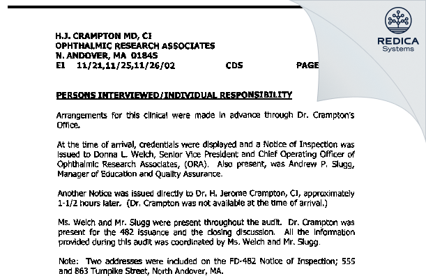 EIR - Henry J. Crampton, MD [North Andover / United States of America] - Download PDF - Redica Systems