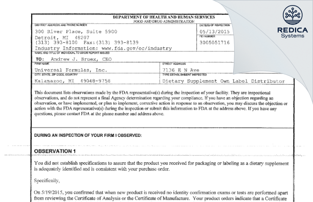 FDA 483 - Universal Formulas, Inc. [Kalamazoo / United States of America] - Download PDF - Redica Systems
