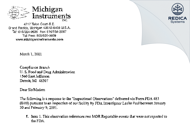 FDA 483 Response - Michigan Instruments, Inc. [Grand Rapids / United States of America] - Download PDF - Redica Systems