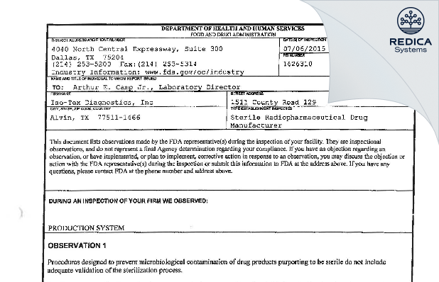 FDA 483 - Iso-Tex Diagnostics, Inc. [Alvin / United States of America] - Download PDF - Redica Systems
