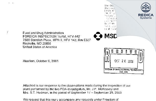 FDA 483 Response - Merck Sharp & Dohme BV [Haarlem / Netherlands] - Download PDF - Redica Systems