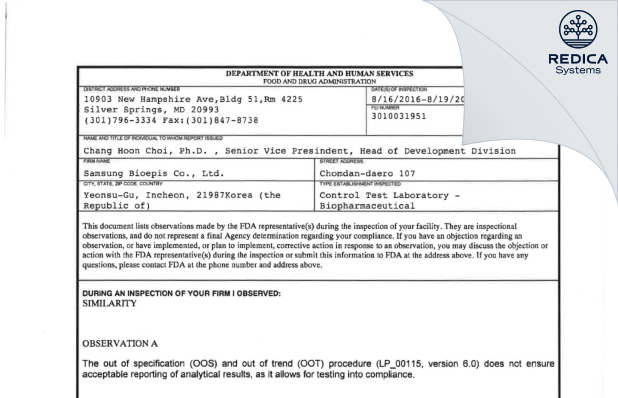 FDA 483 - Samsung Bioepis Co., Ltd. [Korea South / Korea (Republic of)] - Download PDF - Redica Systems