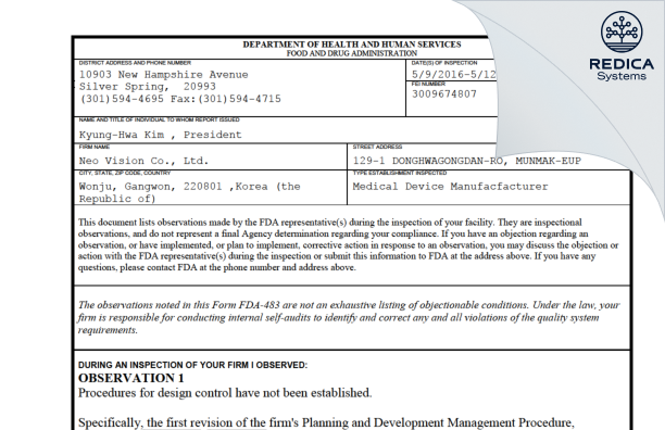 FDA 483 - Neo Vision Co., Ltd. [- / -] - Download PDF - Redica Systems