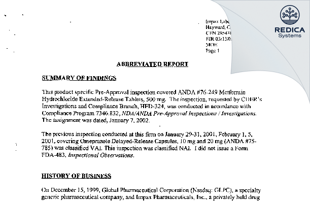 EIR - Impax Laboratories, Inc. [Hayward / United States of America] - Download PDF - Redica Systems