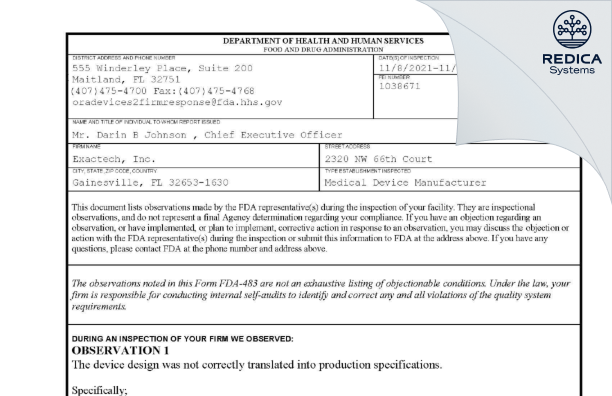 FDA 483 - Exactech, Inc. [Gainesville / United States of America] - Download PDF - Redica Systems