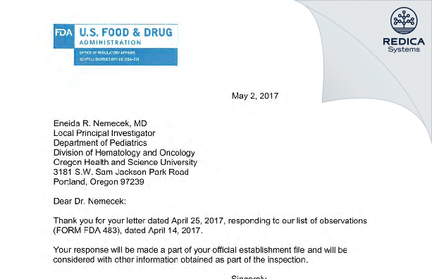 FDA 483 Response - Eneida R. Nemecek, MD [Portland / United States of America] - Download PDF - Redica Systems