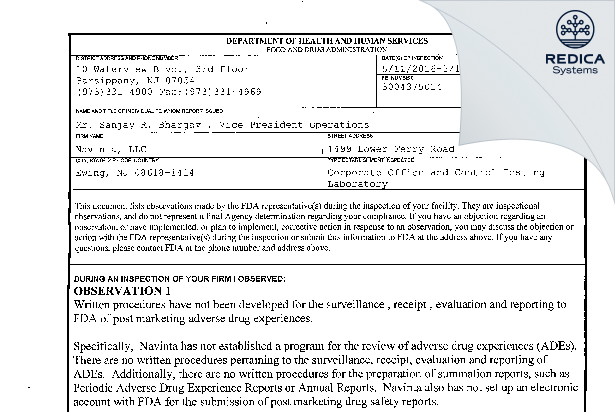 FDA 483 - Navinta LLC [Jersey / United States of America] - Download PDF - Redica Systems