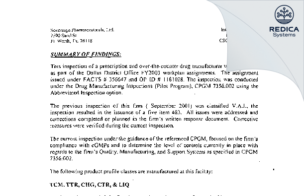 EIR - Sovereign Pharmaceuticals, LLC [Fort Worth / United States of America] - Download PDF - Redica Systems