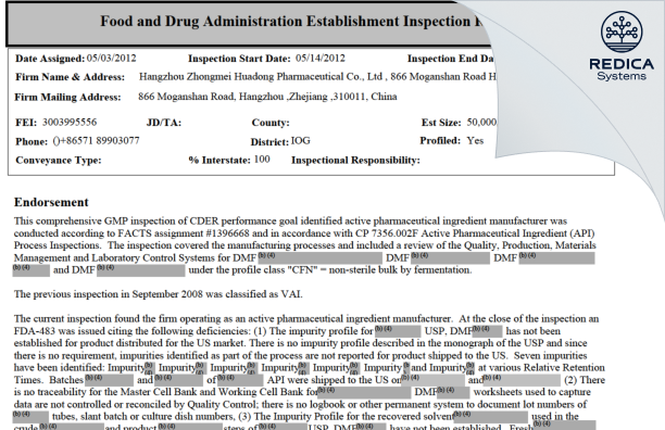 EIR - Hangzhou Zhongmei Huadong Pharmaceutical Co., Ltd [China / China] - Download PDF - Redica Systems
