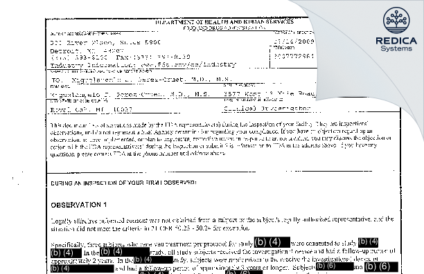 FDA 483 - Miguelangelo J. Perez-Cruet, M.D., M.S. [Waterford / United States of America] - Download PDF - Redica Systems