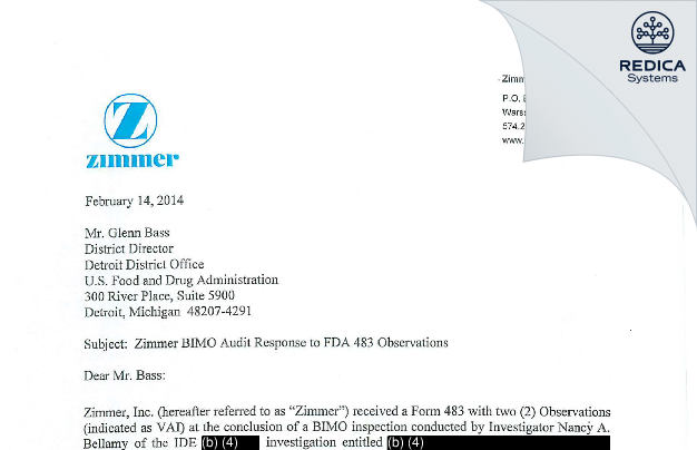 FDA 483 Response - Zimmer, Inc. [Warsaw / United States of America] - Download PDF - Redica Systems
