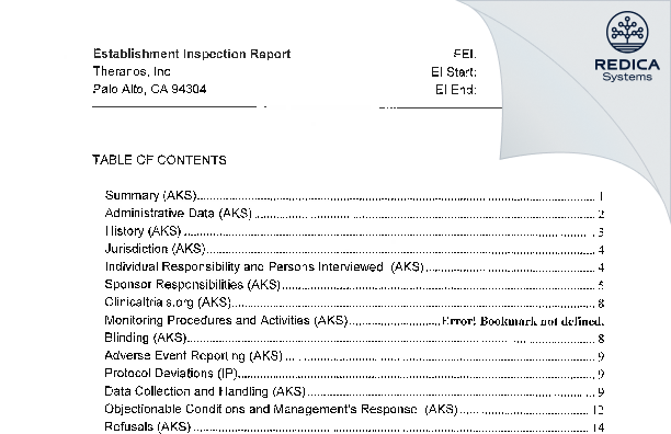 EIR - Theranos, Inc. [Palo Alto / United States of America] - Download PDF - Redica Systems